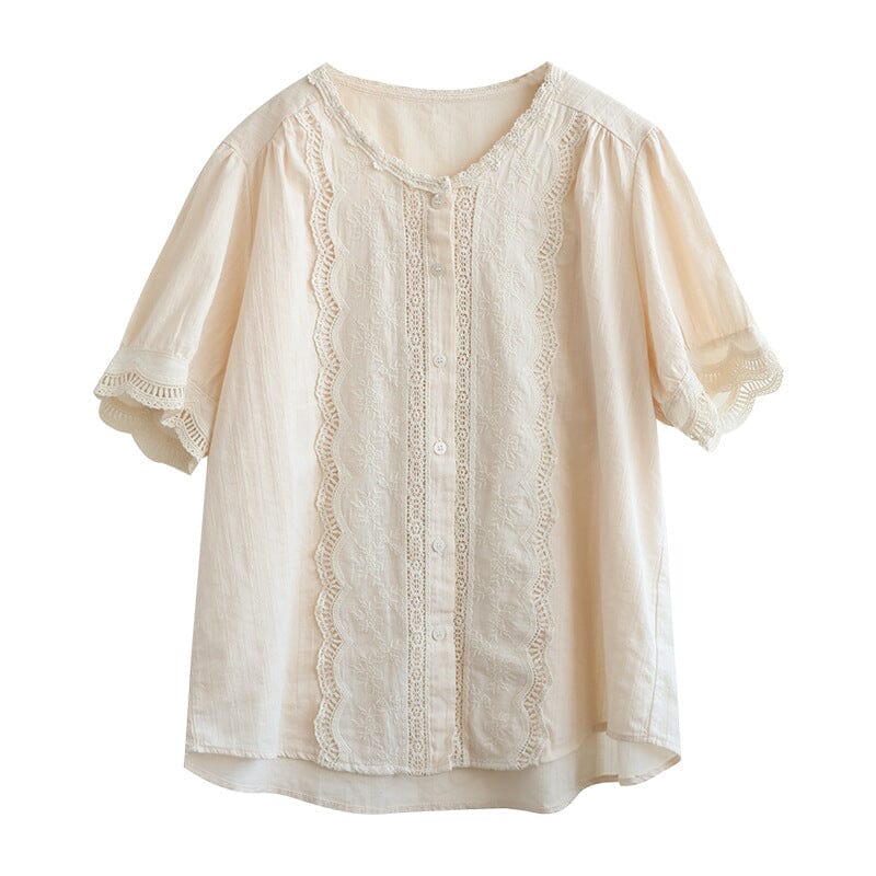 Summer Retro Embroidery Solid Loose Casual Blouse
