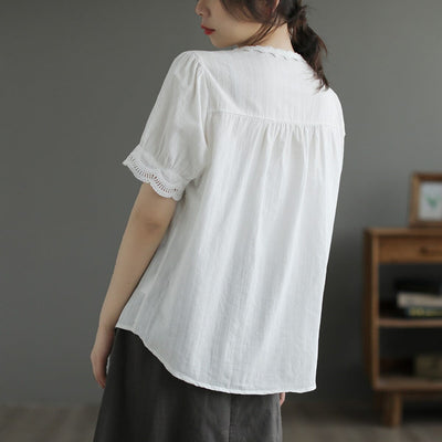 Summer Retro Embroidery Solid Loose Casual Blouse Mar 2023 New Arrival 