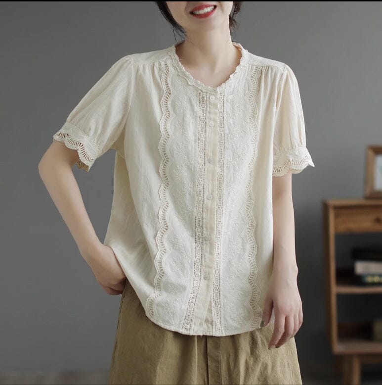 Summer Retro Embroidery Solid Loose Casual Blouse Mar 2023 New Arrival Apricot One Size 