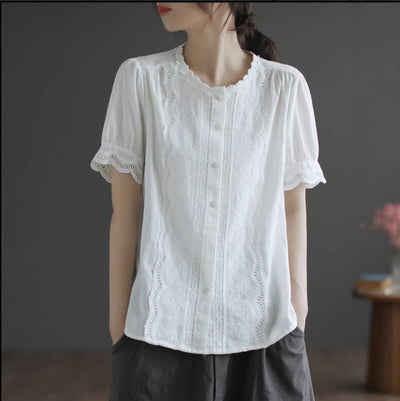 Summer Retro Embroidery Solid Loose Casual Blouse Mar 2023 New Arrival White One Size 