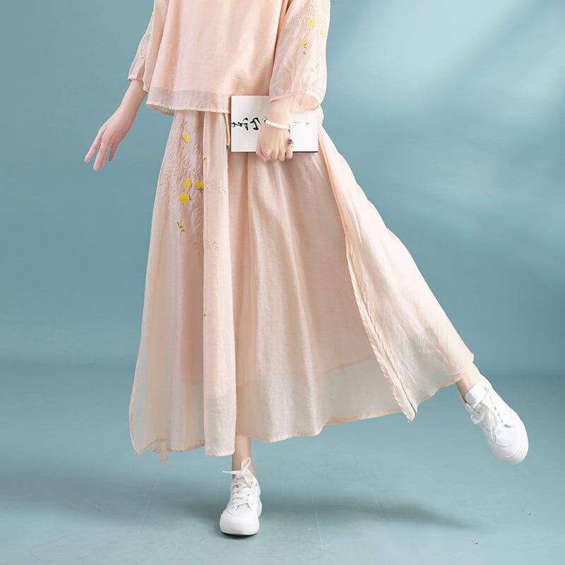 Summer Retro Embroidery Thin Loose A-Line Skirt May 2023 New Arrival One Size Pink 