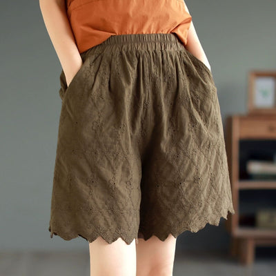 Summer Retro Embroidery Trim Solid Cotto Shorts May 2023 New Arrival 