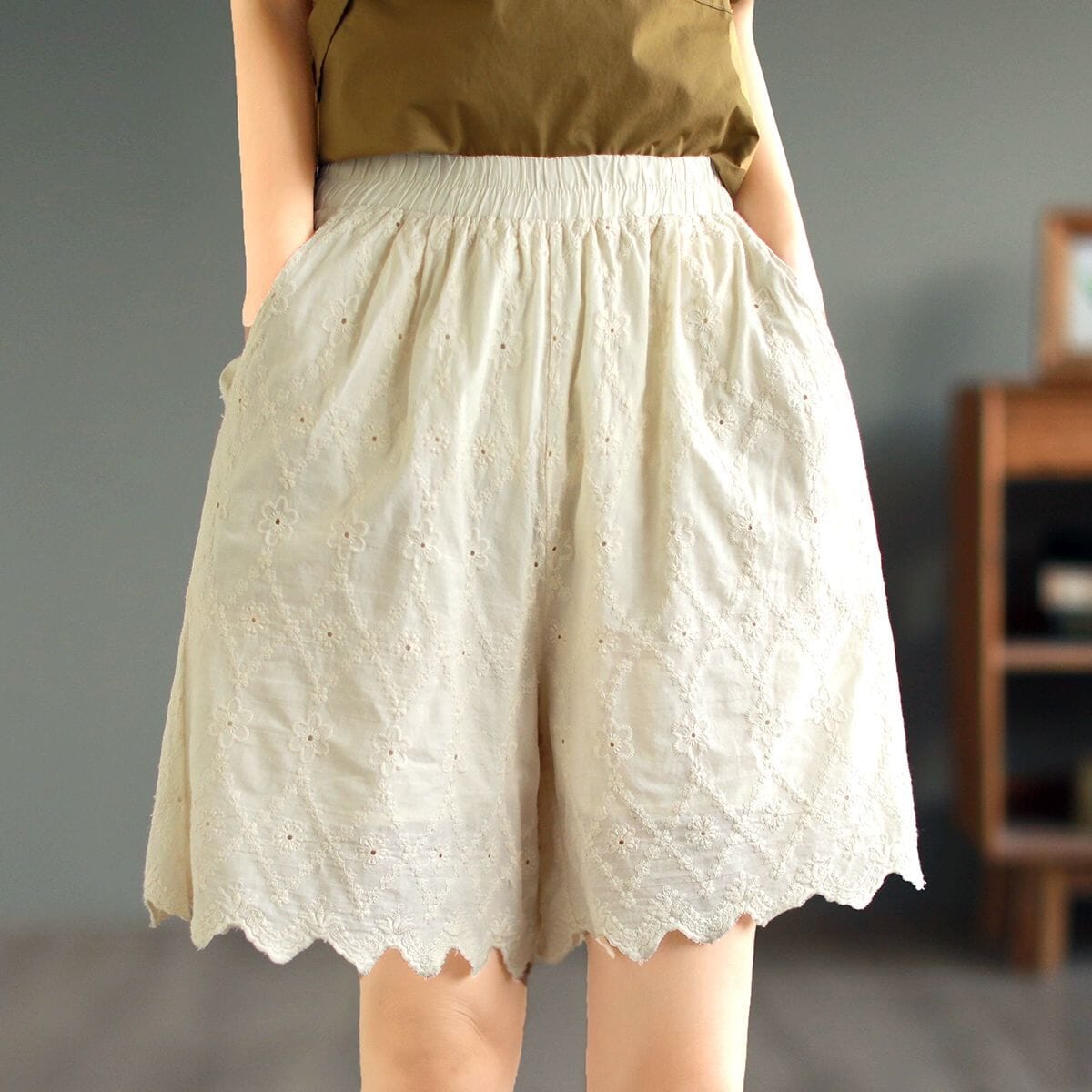 Summer Retro Embroidery Trim Solid Cotto Shorts