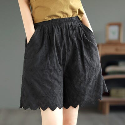 Summer Retro Embroidery Trim Solid Cotto Shorts May 2023 New Arrival Black One Size 