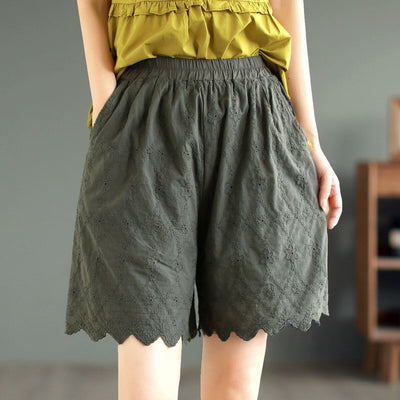 Summer Retro Embroidery Trim Solid Cotto Shorts