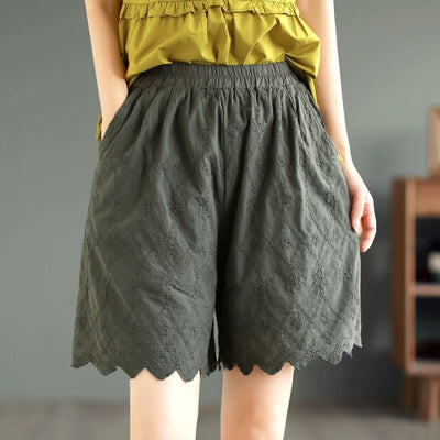 Summer Retro Embroidery Trim Solid Cotto Shorts May 2023 New Arrival Gray One Size 