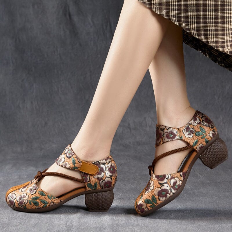 Summer Retro Figured Leather Low Heel Sandals May 2023 New Arrival 