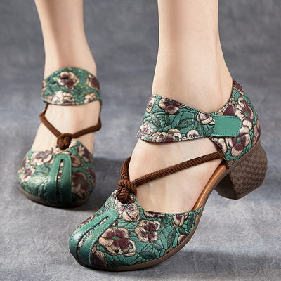 Summer Retro Figured Leather Low Heel Sandals May 2023 New Arrival 