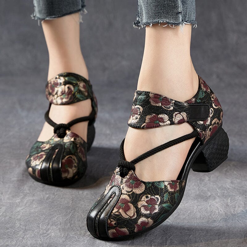 Summer Retro Figured Leather Low Heel Sandals May 2023 New Arrival Black 35 