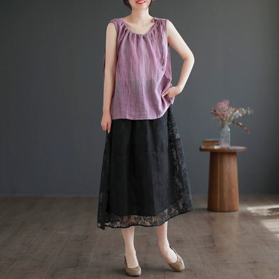 Summer Retro Figured Mesh Cotton Linen Skirt