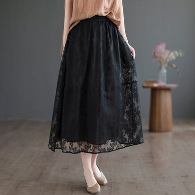 Summer Retro Figured Mesh Cotton Linen Skirt Jun 2023 New Arrival Black One Size 