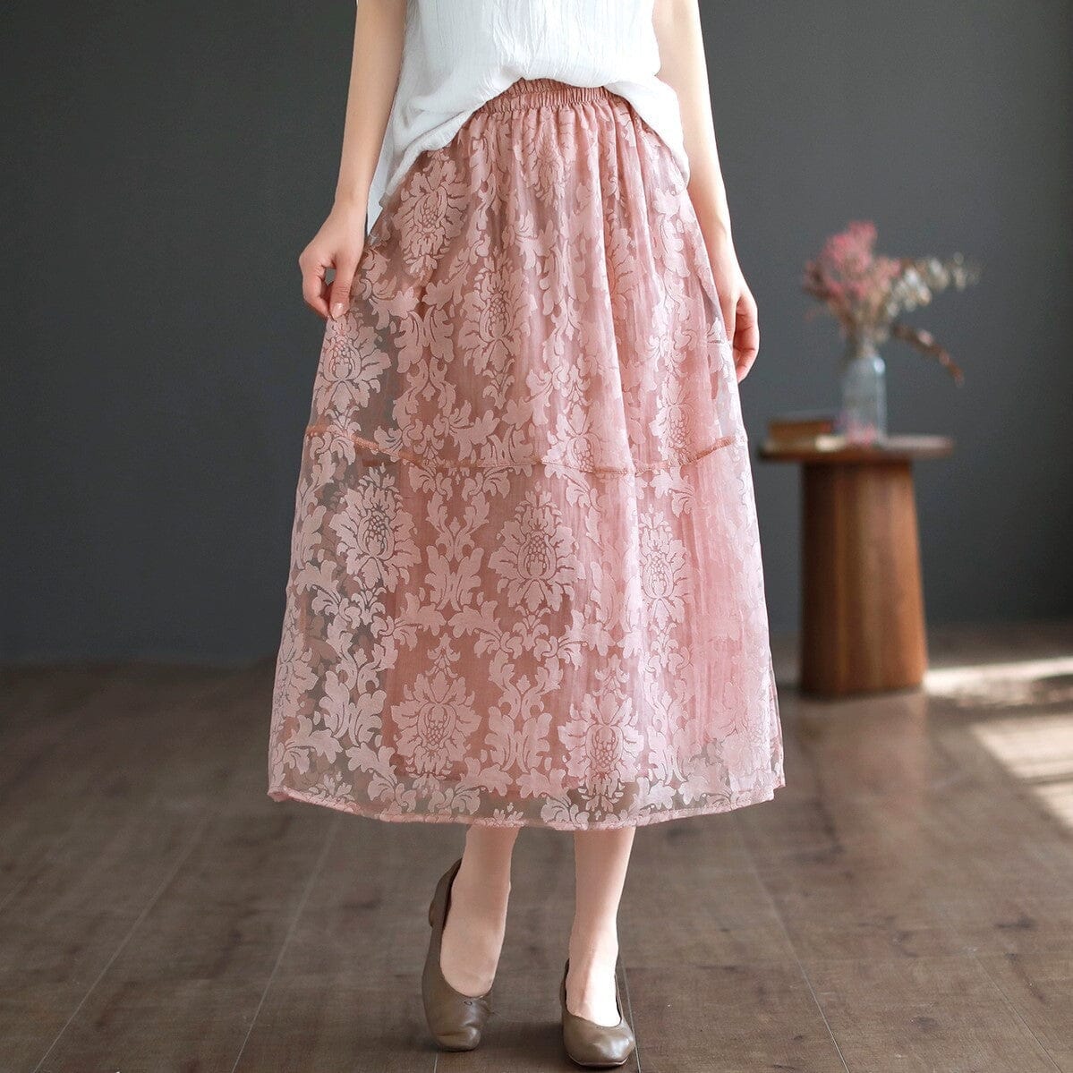 Summer Retro Figured Mesh Cotton Linen Skirt Jun 2023 New Arrival Pink One Size 