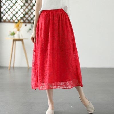 Summer Retro Figured Mesh Cotton Linen Skirt Jun 2023 New Arrival Red One Size 
