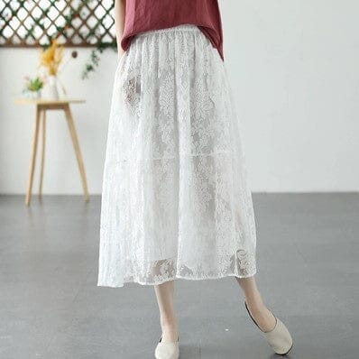 Summer Retro Figured Mesh Cotton Linen Skirt Jun 2023 New Arrival White One Size 