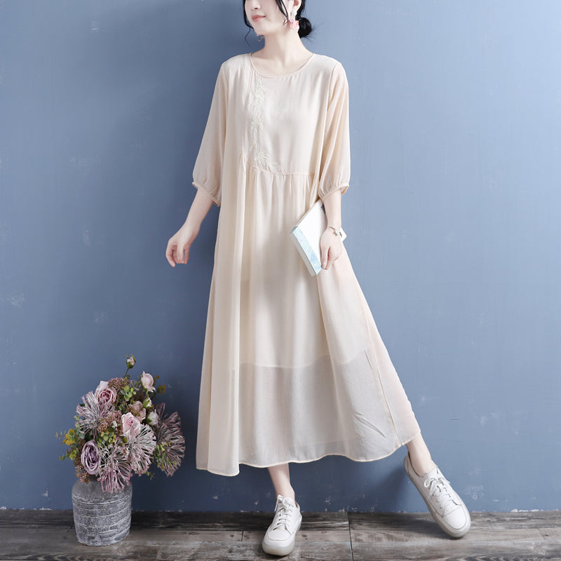 Summer Retro Floral Embroidery 3/4 Sleeve Cotton Linen Dress May 2022 New Arrival One Size Apricot 