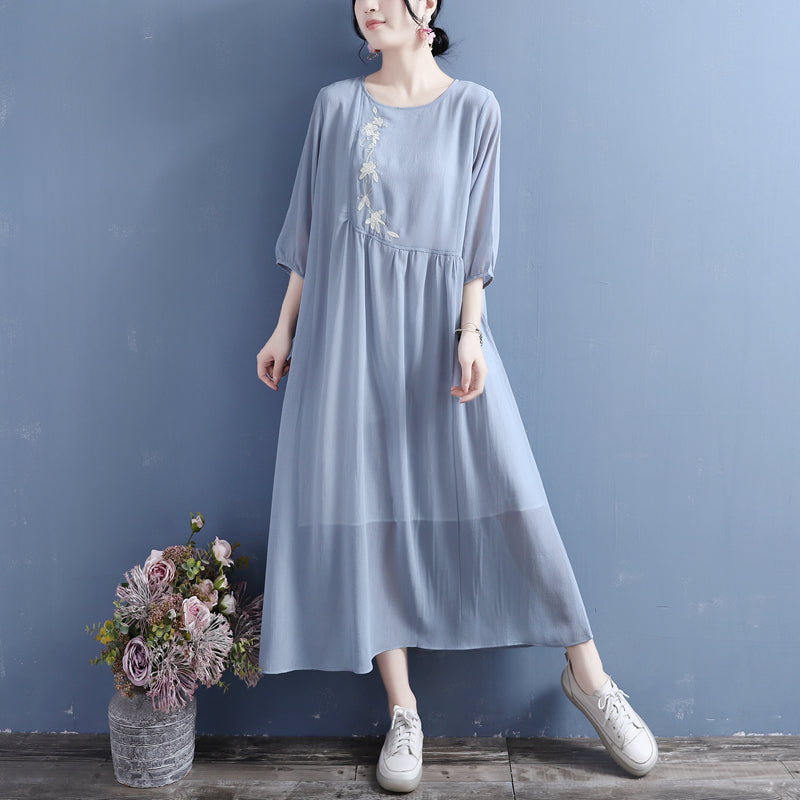 Summer Retro Floral Embroidery 3/4 Sleeve Cotton Linen Dress May 2022 New Arrival One Size Blue 