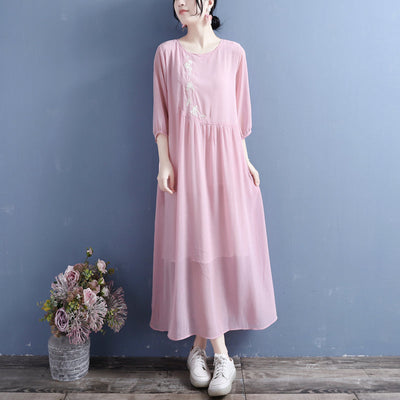 Summer Retro Floral Embroidery 3/4 Sleeve Cotton Linen Dress May 2022 New Arrival One Size Pink 