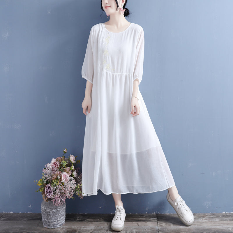 Summer Retro Floral Embroidery 3/4 Sleeve Cotton Linen Dress May 2022 New Arrival One Size White 