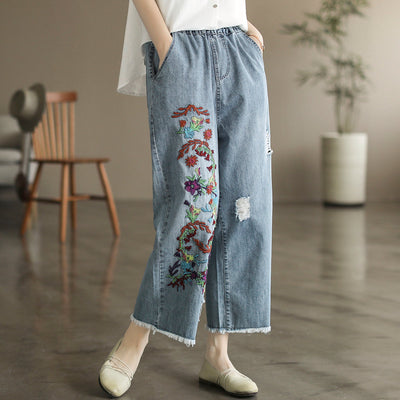Summer Retro Floral Embroidery Cotton Wide-Leg Jeans May 2022 New Arrival 