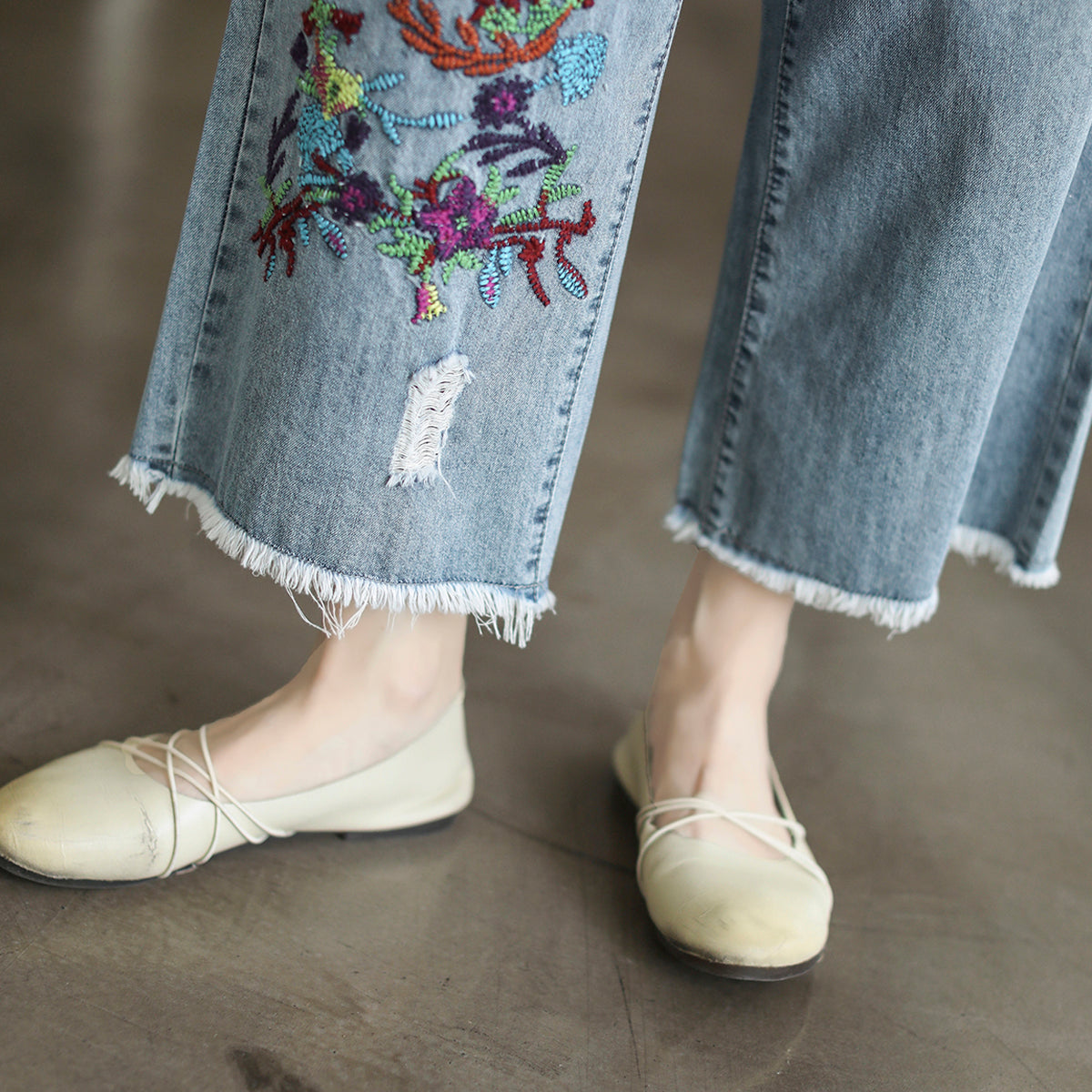 Summer Retro Floral Embroidery Cotton Wide-Leg Jeans