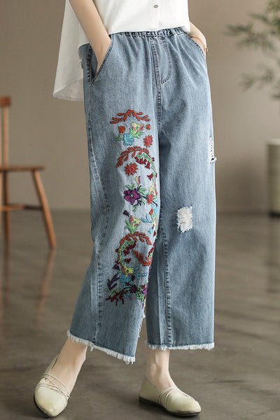 Summer Retro Floral Embroidery Cotton Wide-Leg Jeans May 2022 New Arrival 