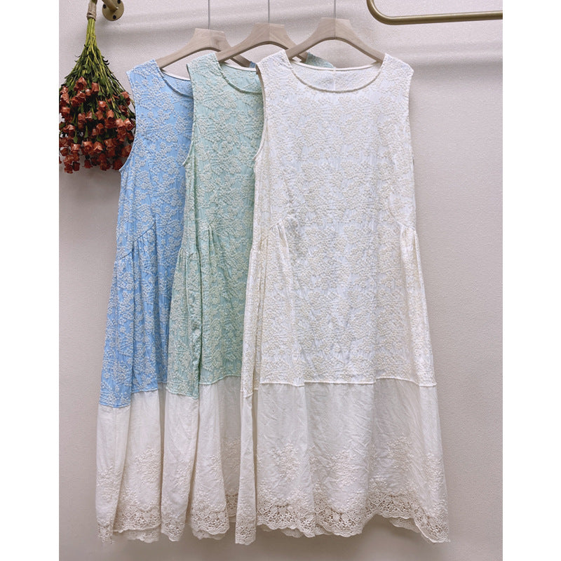 Summer Retro Floral Embroidery Sleeveless Cotton Linen Dress Jun 2022 New Arrival 