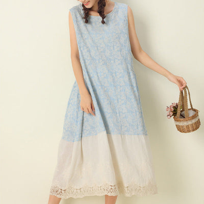 Summer Retro Floral Embroidery Sleeveless Cotton Linen Dress