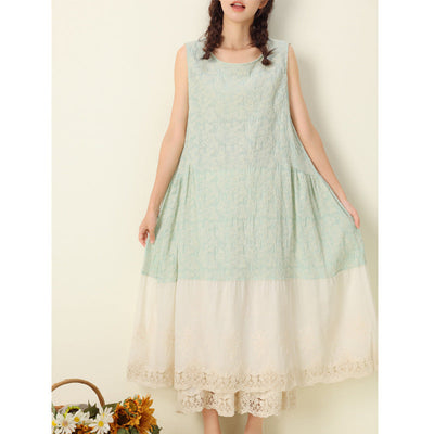 Summer Retro Floral Embroidery Sleeveless Cotton Linen Dress
