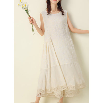 Summer Retro Floral Embroidery Sleeveless Cotton Linen Dress Jun 2022 New Arrival Apricot One Size 