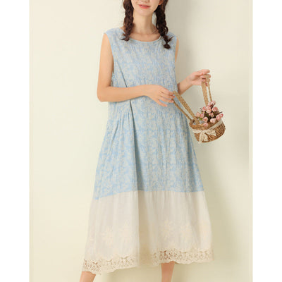 Summer Retro Floral Embroidery Sleeveless Cotton Linen Dress Jun 2022 New Arrival Blue One Size 