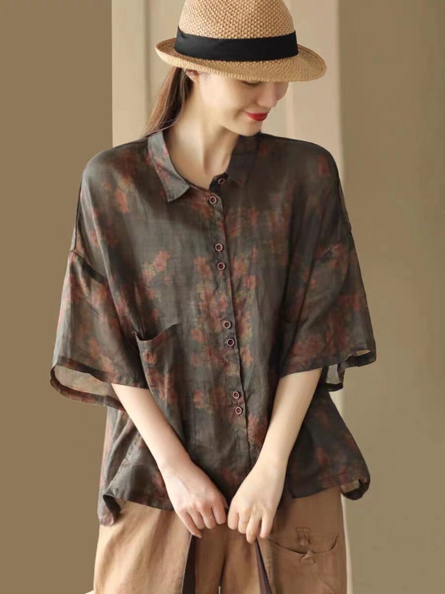 Summer Retro Floral Print Linen Casual Blouse Jun 2023 New Arrival Coffee One Size 