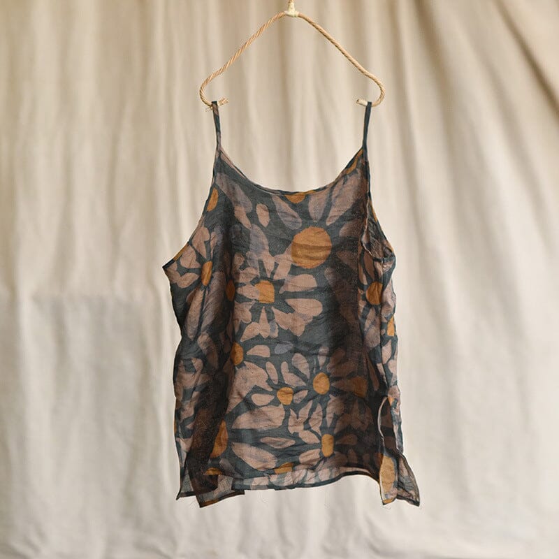 Summer Retro Floral Print Linen Vest