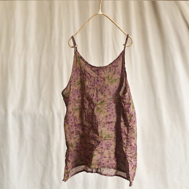 Summer Retro Floral Print Linen Vest Jun 2023 New Arrival Purple One Size 