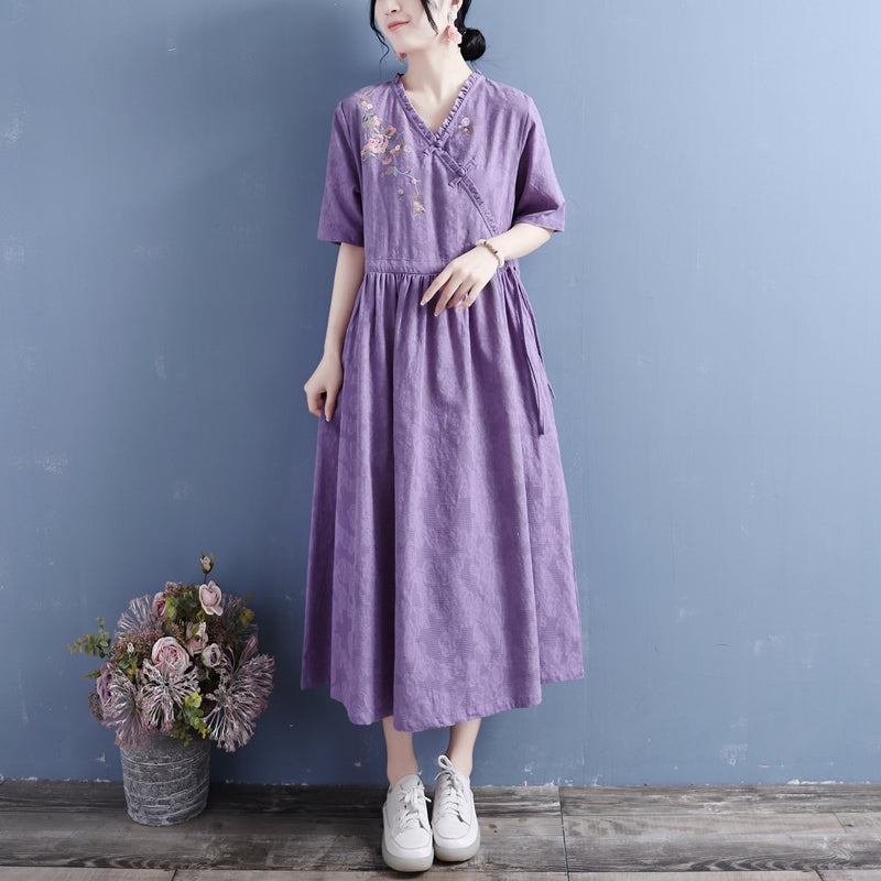 Summer Retro Floral Short Sleeve Cotton Linen Dress