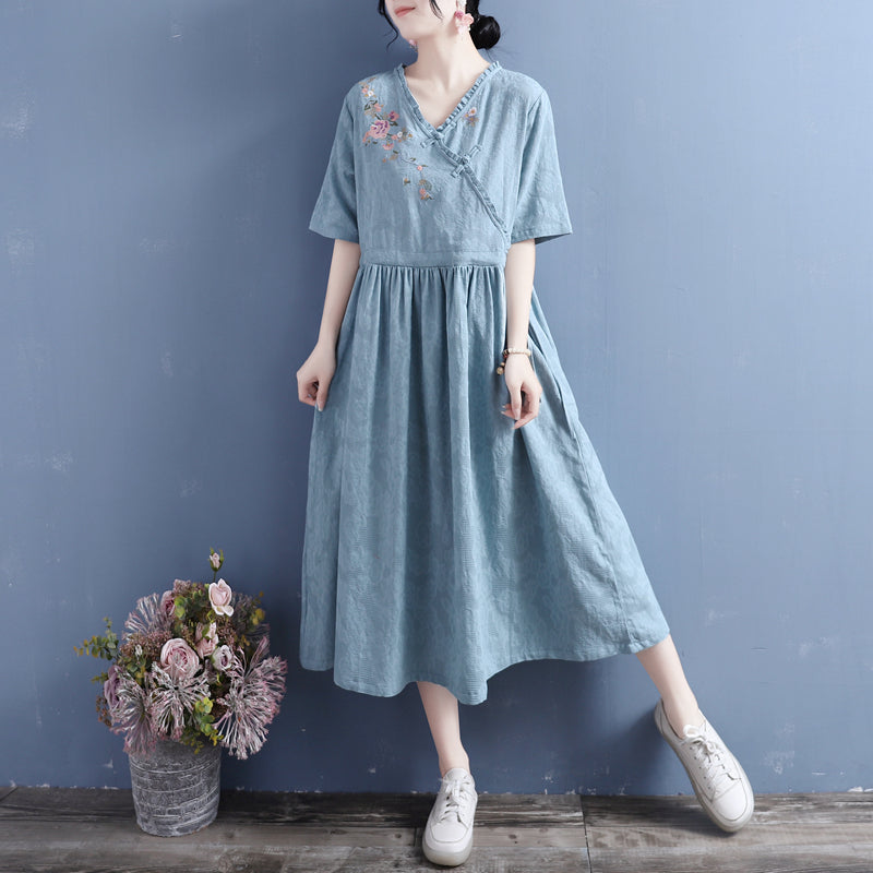 Summer Retro Floral Short Sleeve Cotton Linen Dress Apr 2022 New Arrival One Size Blue 