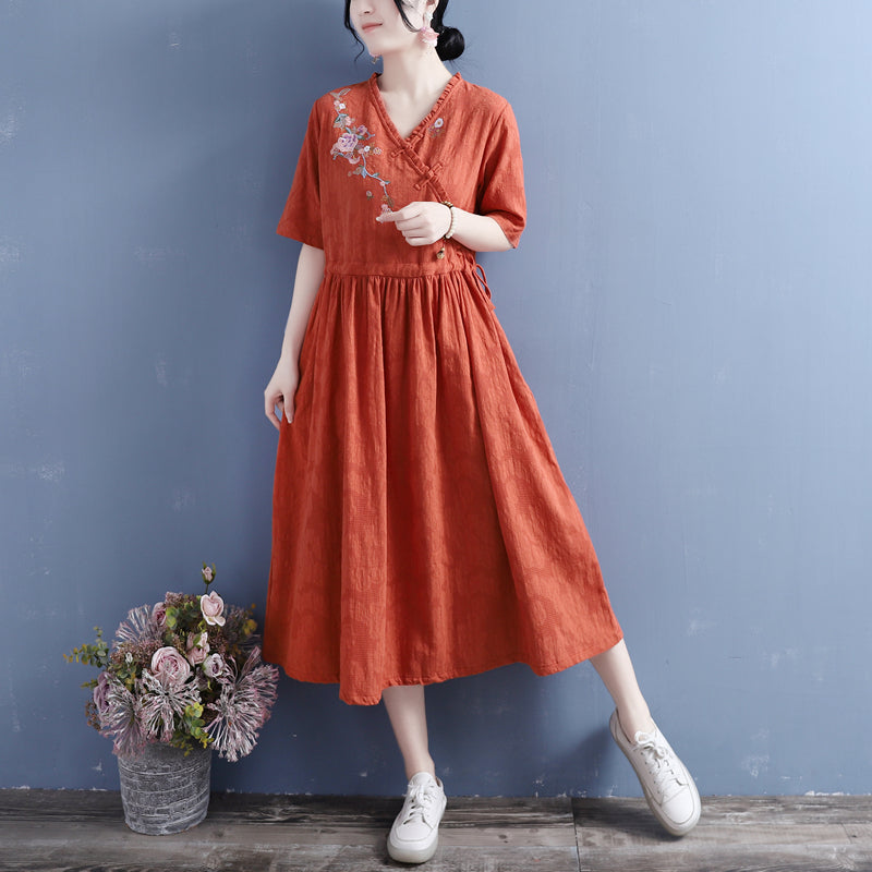 Summer Retro Floral Short Sleeve Cotton Linen Dress Apr 2022 New Arrival One Size Orange 