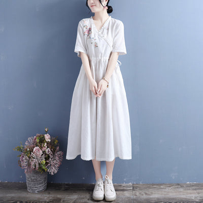 Summer Retro Floral Short Sleeve Cotton Linen Dress Apr 2022 New Arrival One Size White 