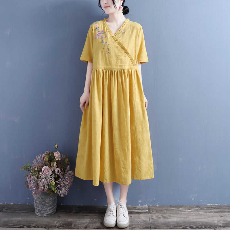 Summer Retro Floral Short Sleeve Cotton Linen Dress Apr 2022 New Arrival One Size Yellow 