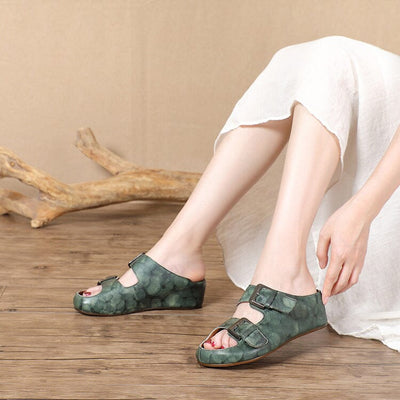 Summer Retro Handmade Leather Casual Slide Sandals May 2023 New Arrival Green 35 