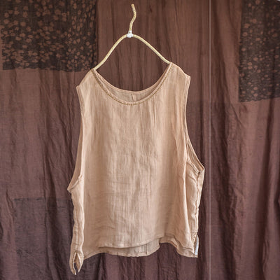 Summer Retro Handmade Thin Linen Vest for Women Aug 2022 New Arrival Apricot One Size 