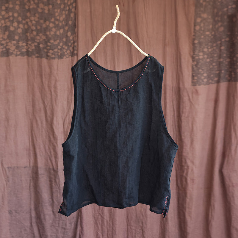 Summer Retro Handmade Thin Linen Vest for Women Aug 2022 New Arrival Black One Size 