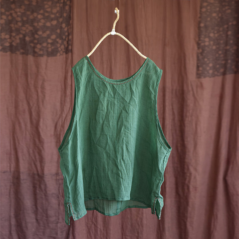 Summer Retro Handmade Thin Linen Vest for Women Aug 2022 New Arrival Green One Size 