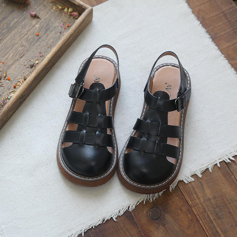 Summer Retro Hollow Handmade Leather Sandals May 2022 New Arrival 35 Black 