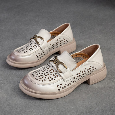 Summer Retro Hollow Leather Casual Loafers Jul 2023 New Arrival Beige 35 