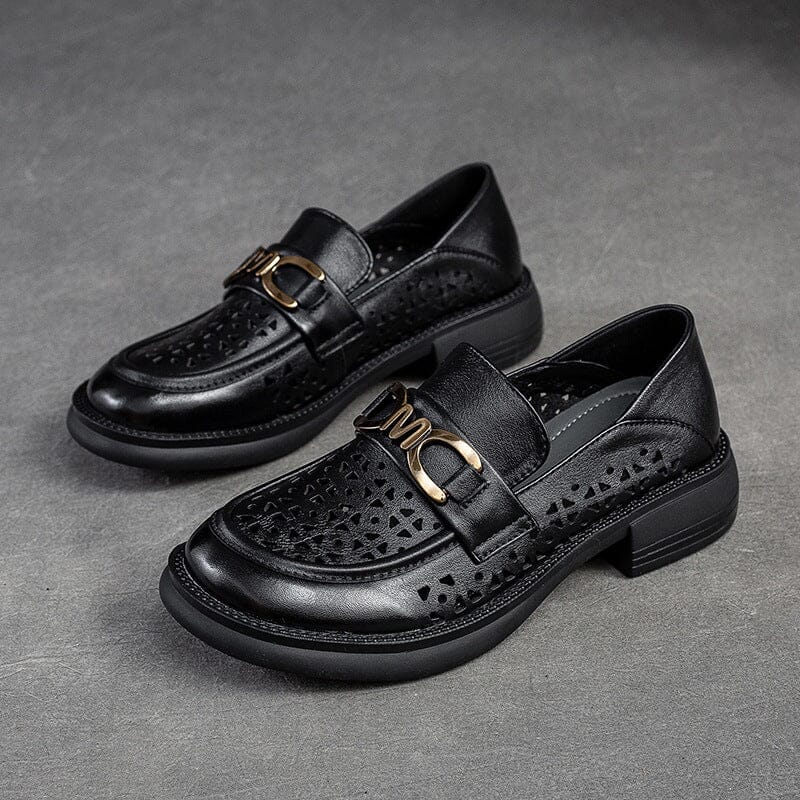 Summer Retro Hollow Leather Casual Loafers Jul 2023 New Arrival Black 35 