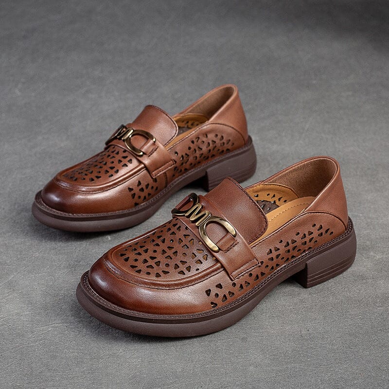 Summer Retro Hollow Leather Casual Loafers Jul 2023 New Arrival Brown 35 