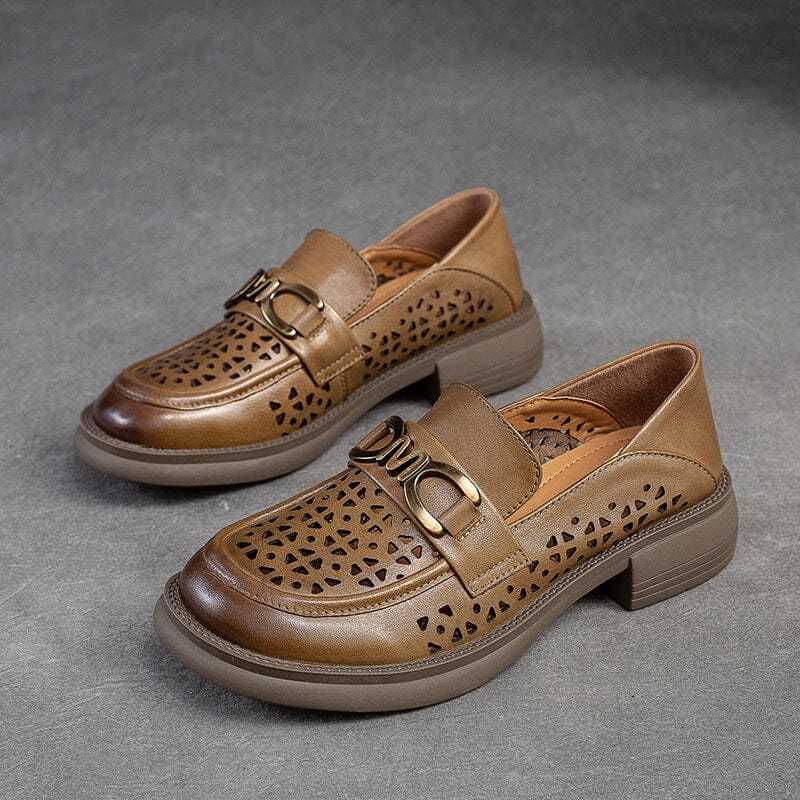 Summer Retro Hollow Leather Casual Loafers Jul 2023 New Arrival Khaki 35 