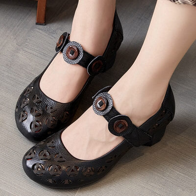 Summer Retro Hollow Leather Chunky Heel Casual Shoes Apr 2023 New Arrival 