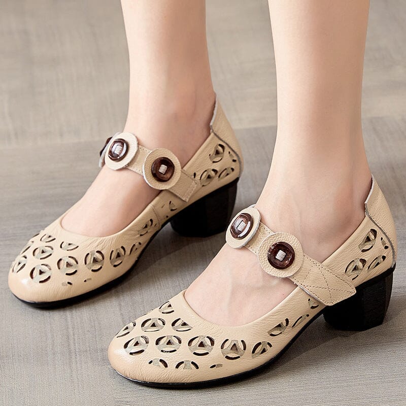 Summer Retro Hollow Leather Chunky Heel Casual Shoes
