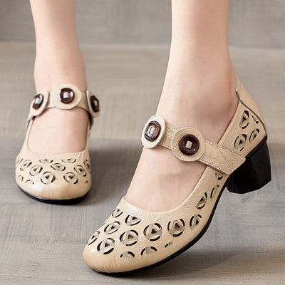 Summer Retro Hollow Leather Chunky Heel Casual Shoes